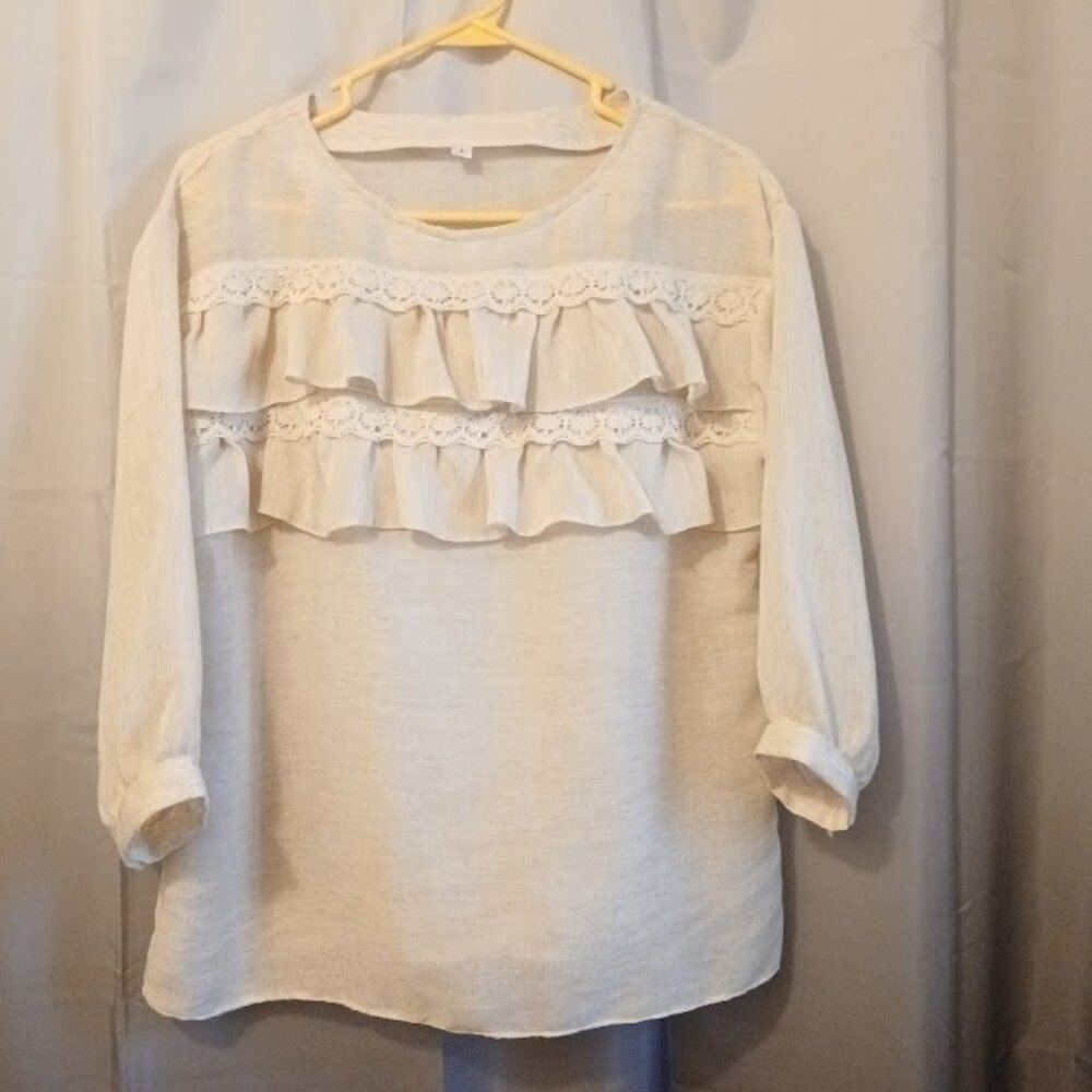Nwt Flounce Ruffled Linen blend Blouse L Oatmeal Ivory scoop neck 3/4 sleeve top